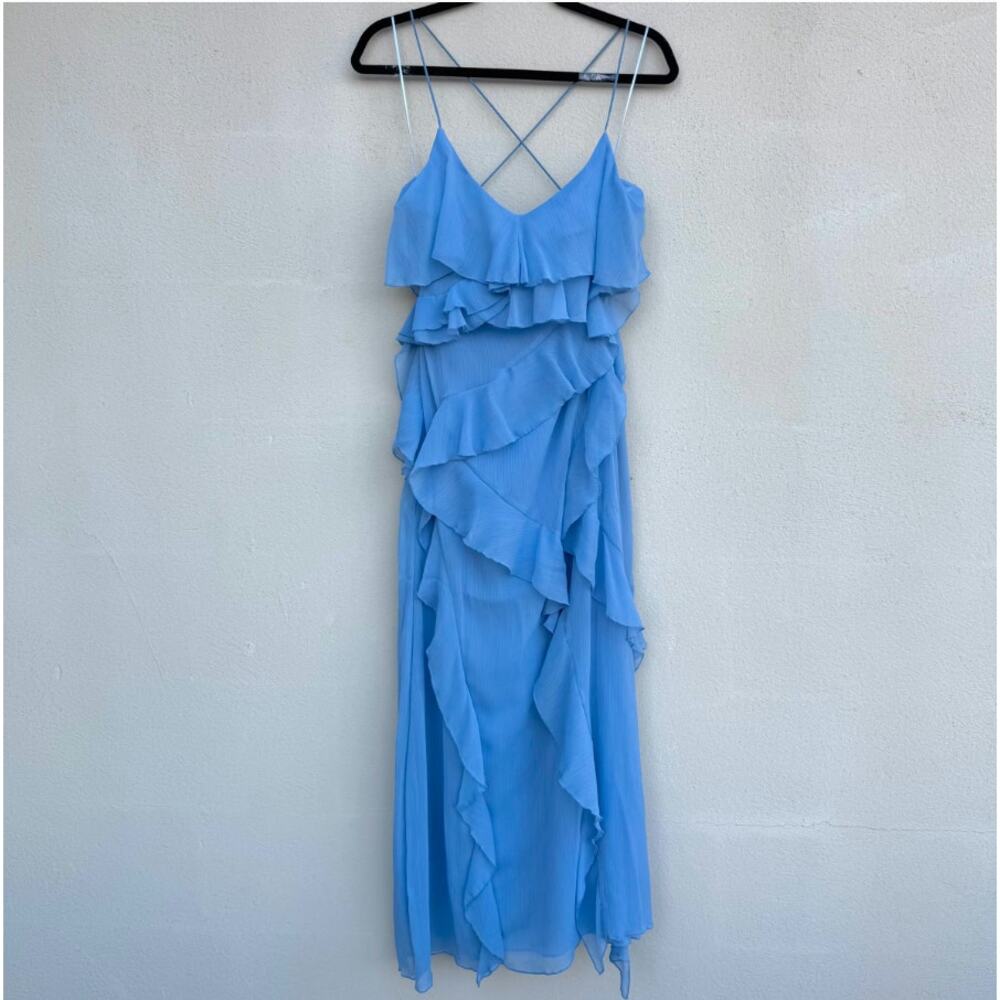 Zara Blue Ruffle Tiered Maxi Dress Strappy V-Neck Flowy Wedding Guest Size M L - Picture 15 of 16